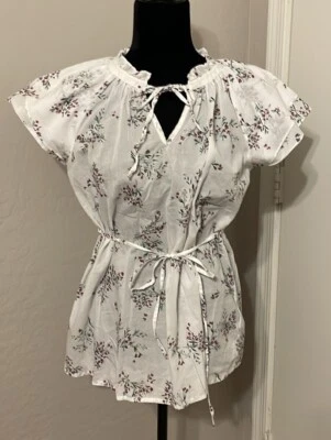 Maternity Blouse Floral Cap Sleeves Belt 20” P2P 27” Length Small Orig $58 - Image 1 of 4