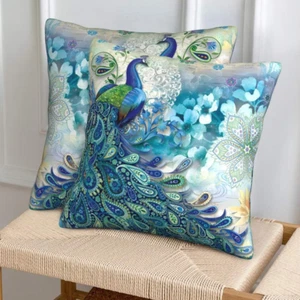 Teal Peacock Throw Pillow Covers Set of 2, Vintage Watercolor Blue Teal Turqu... - Picture 1 of 12