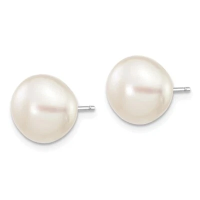 10k White Gold 9-10mm White Button Freshwater Cultured Pearl Stud Post Earrings - Image 1 of 3