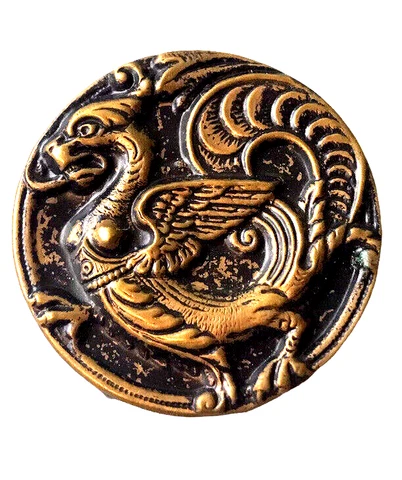 Large 1 1/2" Antique Victorian Brass GRIFFIN Winged Dragon Picture Button RARE Cover