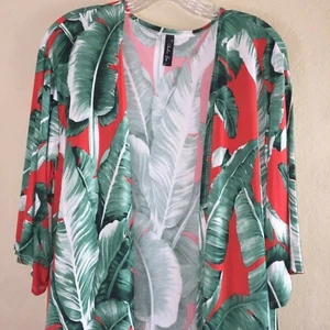 Neu ohne Etikett rot grün weiß tropischer Druck lang vorne offen Staubtuch Überwurf M - Bild 1 von 4