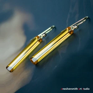 Solid 18k 14k Gold Modern Golden Citrine Dangle Bar Designer Earrings - Picture 1 of 14