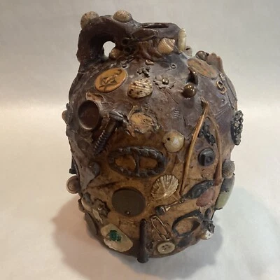 Antique Stoneware Pottery Memory Jug Folk Art Jewelry Wishbones Pennies AAFA - Image 1 of 4