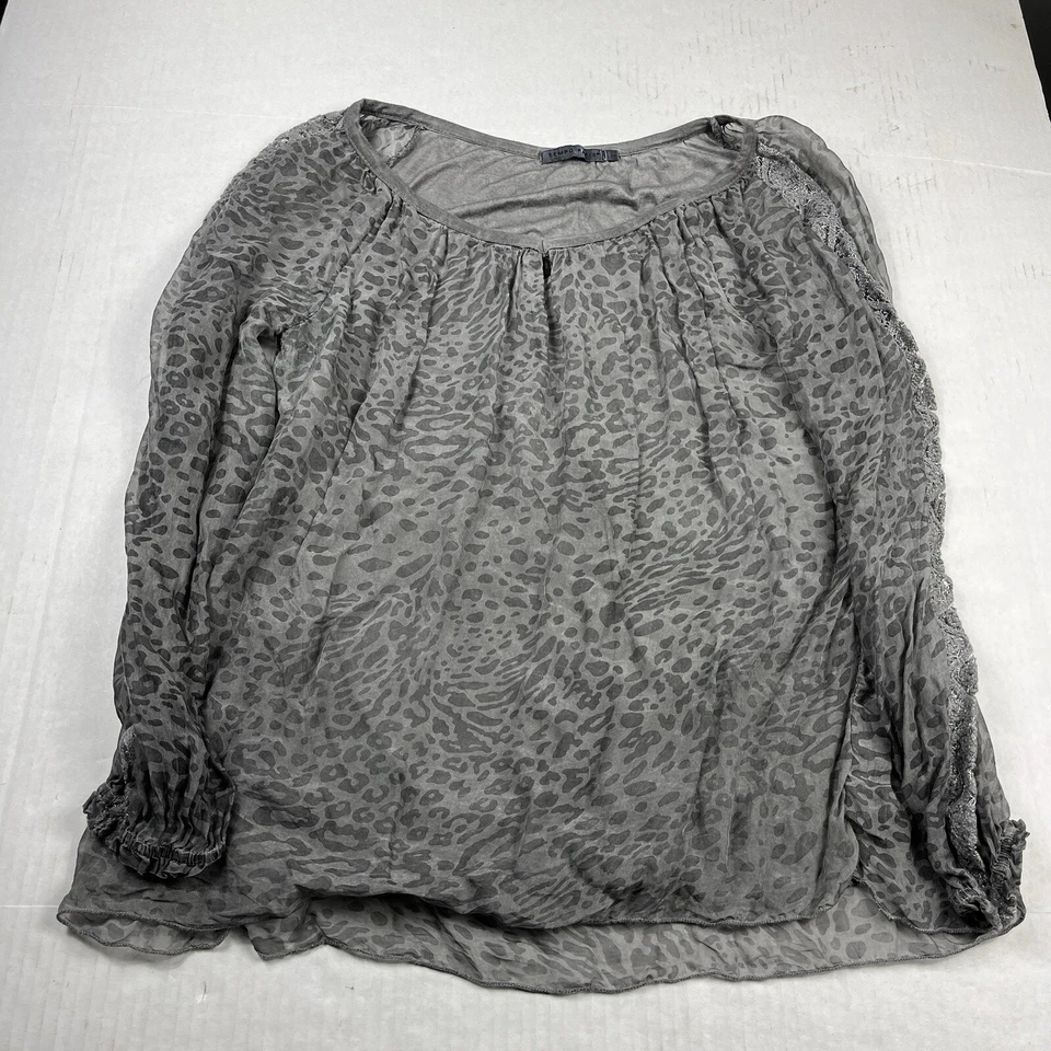 Blusa campesina Tempo Paris para mujer mezcla de seda estampado gris manga larga GRANDE Foto 1 de 4