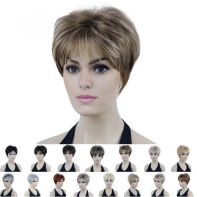 Women's Short Straight Dark Brown Pixie Cut Wigs Blonde Highlight Synthetic Wigs - Image 1 of 4