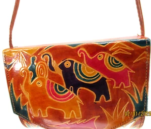 mediterraean Trading Damen Handtasche grün rosa braun Animal Print Leder Indien - Bild 1 von 7