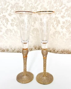 2 Crystal Champagne Toasting Flutes w/ Rhinestone Stems & Gold Accents - Picture 1 of 10