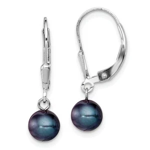 Sterling Silver Polished 6-7mm Black Freshwater Pearl Leverback Dangle Earrings - Picture 1 of 7