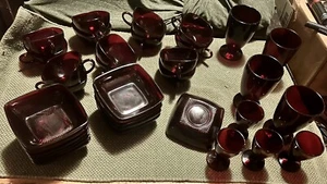 Vintage Pigeon Blood Red Glassware (35) Glasses, Plates, Cups Set - Picture 1 of 6