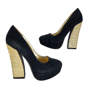 Forever 21 Heels 6 Black Gold Glitter High Chunky Block Prom Cocktail Party - Picture 1 of 9
