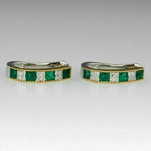 4.0 Ct Princess Simulated Diamond Emerald Hoop Earrings Gift 925 Sterling Silver - Picture 1 of 2