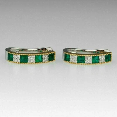 4.0 Ct Princess Simulated Diamond Emerald Hoop Earrings Gift 925 Sterling Silver - Image 1 of 2