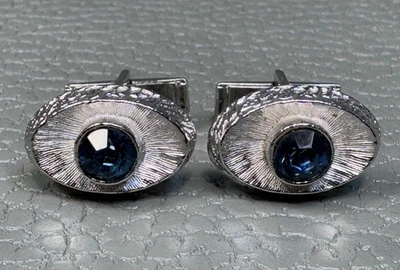 Gemelos vintage acabado cepillado piedra azul tono plata Foto 1 de 3