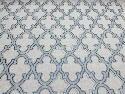 Linen Trellis Lattice Blue Embroidered Upholstery Drapery Fabric- 2.75 Yards - Image 1 of 4