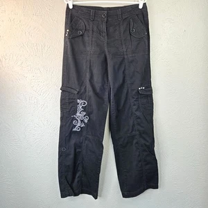 Embroidered Baggy Cargo Pants Black Retro Y2K Wide Leg Streetwear Casual Size 6 - Picture 1 of 13