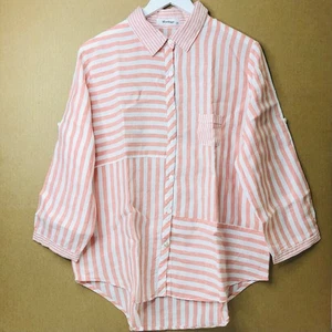 Worthier Shirt Top Womens S M White Orange Striped 100% Linen Lightweight Summer - Picture 1 of 13