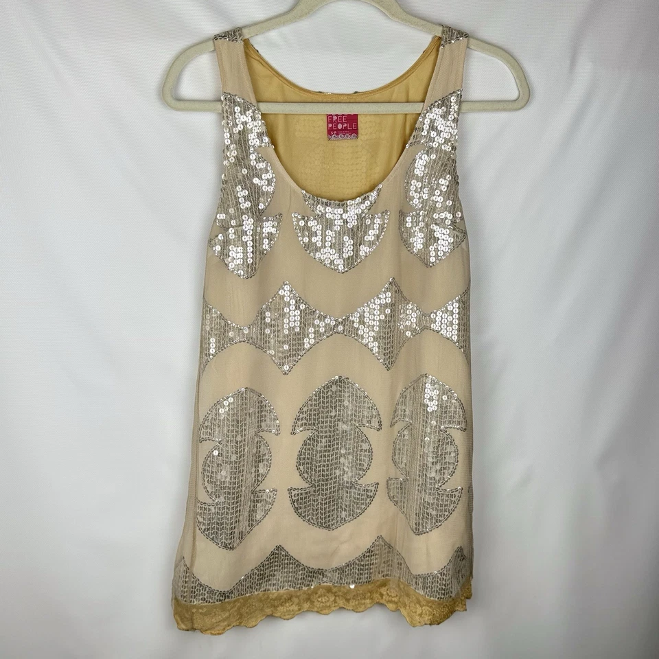 Free People Sequin Mesh Mini Dress S Silver Nude Boho Glam Festival Lace Vtg - Image 1 of 4