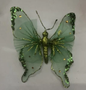 Farfalla clip vintage ornamento natalizio verde glitter e strass oro - Foto 1 di 21