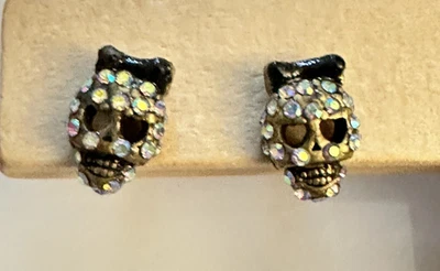 Betsey Johnson Iridescent Skull with Black Bow Halloween Stud Earrings Pierced - Image 1 of 4