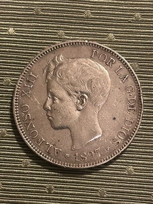 1897 SG-V Spain 5 Pesetas Silver Coin uncertified ungraded - Image 1 of 2