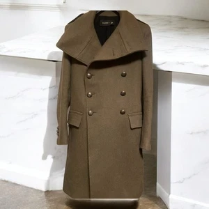 Balmain H&M Olive Green Wool Double-Breasted Long Coat with Large Collar - Picture 1 of 4