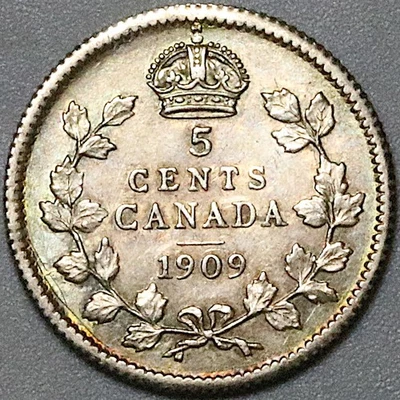 1909 Canada Edward VII 5 Cents AU Round Maple Sterling Silver Coin (25111404R) - Image 1 of 2