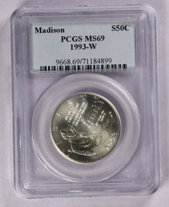 1993-W Madison Modern Commemorative Silver Half Dollar 50C PCGS MS 69 - Picture 1 of 3