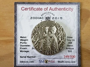 2015 Zodiac Skull Coin Gemini Memento Mori Silver 1 oz. Antique Finish #349/500 - Picture 1 of 4