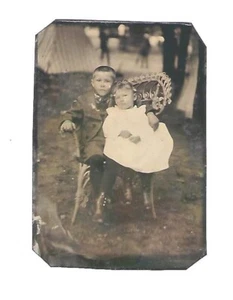 Antique c1870's TinType Photo, Portrait of 2 Children (Bother & Sister) - Picture 1 of 2