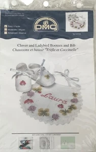 DMC Clover&Ladybird Bootees & Bib Cross Stitch Kit Complete -Threads-Pattern NOS - Picture 1 of 2