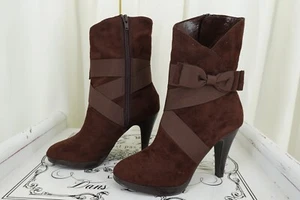 Charlotte Russe Faux Suede Mid-Calf Side Zipper Bow Trim High Heel Boots Size 6 - Picture 1 of 14