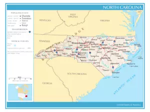Mappa Stato della Carolina del Nord Stati Uniti Stampa poster politico fisico XL - Foto 1 di 1