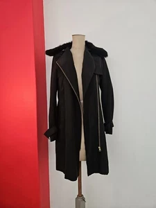 HOSS Intropia Trench Coat Jacket & Tie Black Canin Rabbit Fur Collar Size 40 - Picture 1 of 16