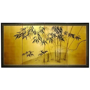 Red Lantern 36" x 72" Gold Leaf Bamboo Wall Hanging Folding Silk Screen - Picture 1 of 1