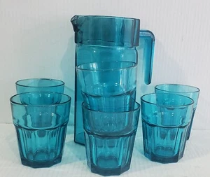 2018 IKEA  Pitcher & Glasses x 6 - SOMMAR - Deep Turquoise - Octagon - 8.5" Tall - Picture 1 of 11