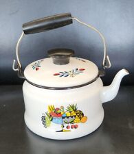 Vintage MCM Enameled Metal Teapot Kettle W Wood Handle 