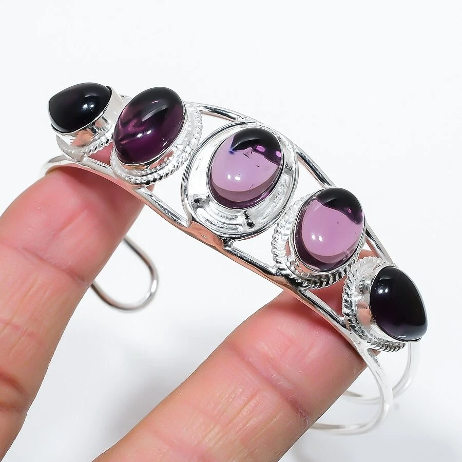 Purple Amethyst Gemstone 925 Sterling Silver Jewelry Adjustable Cuff Bracelet - Image 1 of 1
