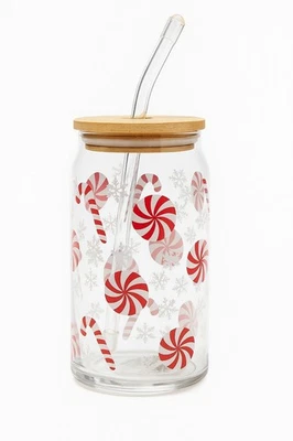 Christmas Peppermint Cane Iced Coffee 16oz Glass Cup w/ Bamboo Lid Straw NEW - Image 1 of 4