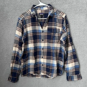 Patagonia Shirt Mens Small Blue Beige Plaid Organic Cotton Fjord Flannel - Picture 1 of 12