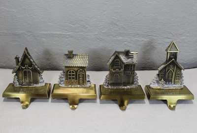 Set Of 4 Brass Finish Mantel Ledge Stocking Hangers Christmas Village Houses + - Image 1 of 4