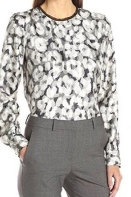 Blusa para mujer Theory gris seda estampado Eri reflectante manga larga talla M Foto 1 de 4