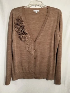 WOMENS XL NEW YORK & CO BROWN V-NECK CARDIGAN SWEATER BEADED BUTTONS 3-D FLOWERS - Picture 1 of 7
