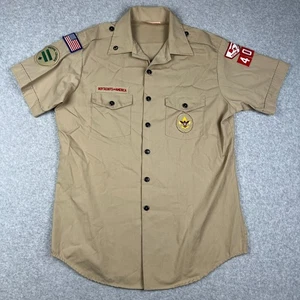 Boy Scouts of America Uniform Shirt Top Large Mens Adult Beige Patches BSA - Picture 1 of 6