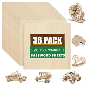 36 Pack 12x12 Basswood Sheets 1/8 Inch, Unfinished Wood for Crafts, Basswood ... - Picture 1 of 8