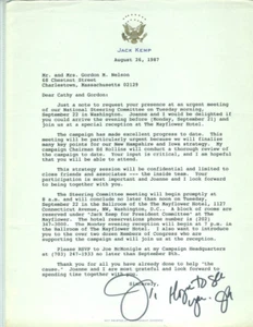 Carta personal autografiada del congresista Jack Kemp 26 de agosto de 1986 en su membrete - Imagen 1 de 5