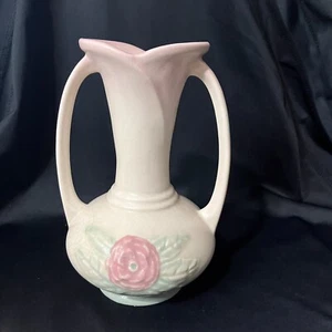 VTG Hull Art Pottery Double Handle Vase Pink/Yellow Open Rose Pattern (133) 6.5” - Picture 1 of 7