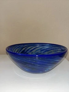 Cobalt Blue Swirl Hand Art Glass Bowl Glaze Bowl Centerpiece Signed 7.5"D x 3"H - Picture 1 of 11