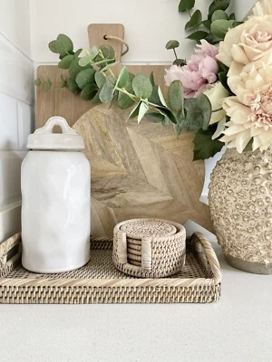 Rattan Basket Weave White Wash Finish Coaster Set X6 And Holder - Image 1 of 2