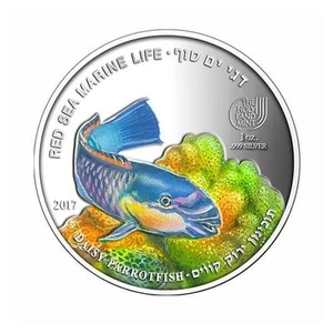 ISRAEL PALAU 2017 COLOR .999 SILVER DAISY PAPAGEIENFISH 1oz COIN RED SEA FISH - Bild 1 von 3