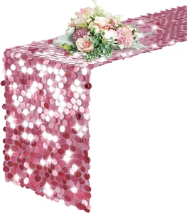 Pufogu 12 "X 108" Sequin Table Runner, Pink Glitter Premium Big Sequin Table Run - Picture 1 of 12